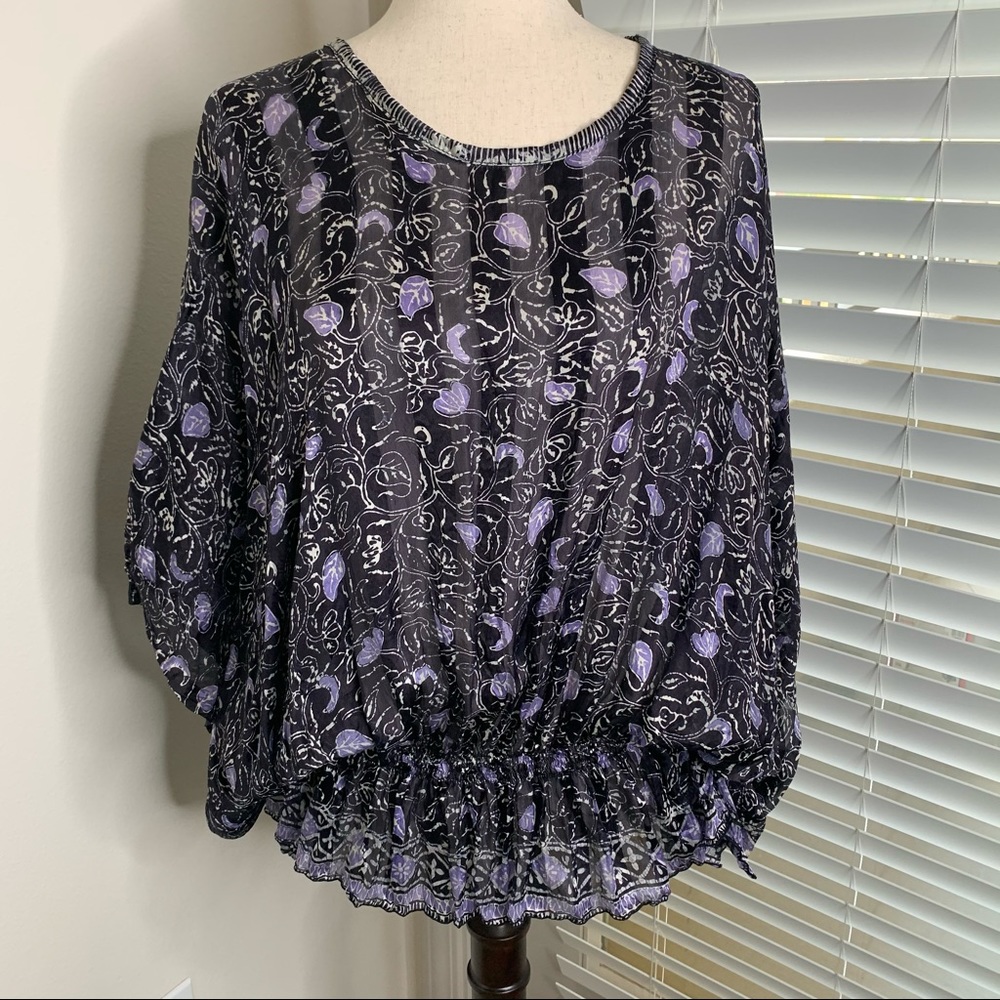 100% Silk Dolman Shirred Smocked Blouse Poncho